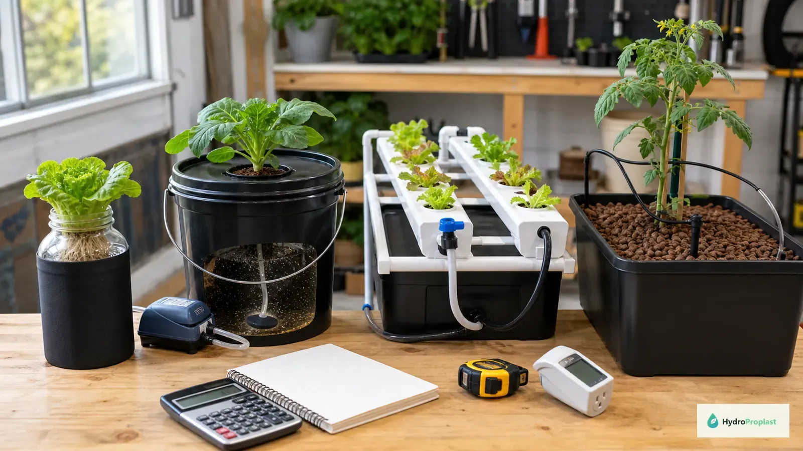 Four distinct starter hydroponic systems—Kratky, DWC, NFT, and drip—arranged with budgeting tools.