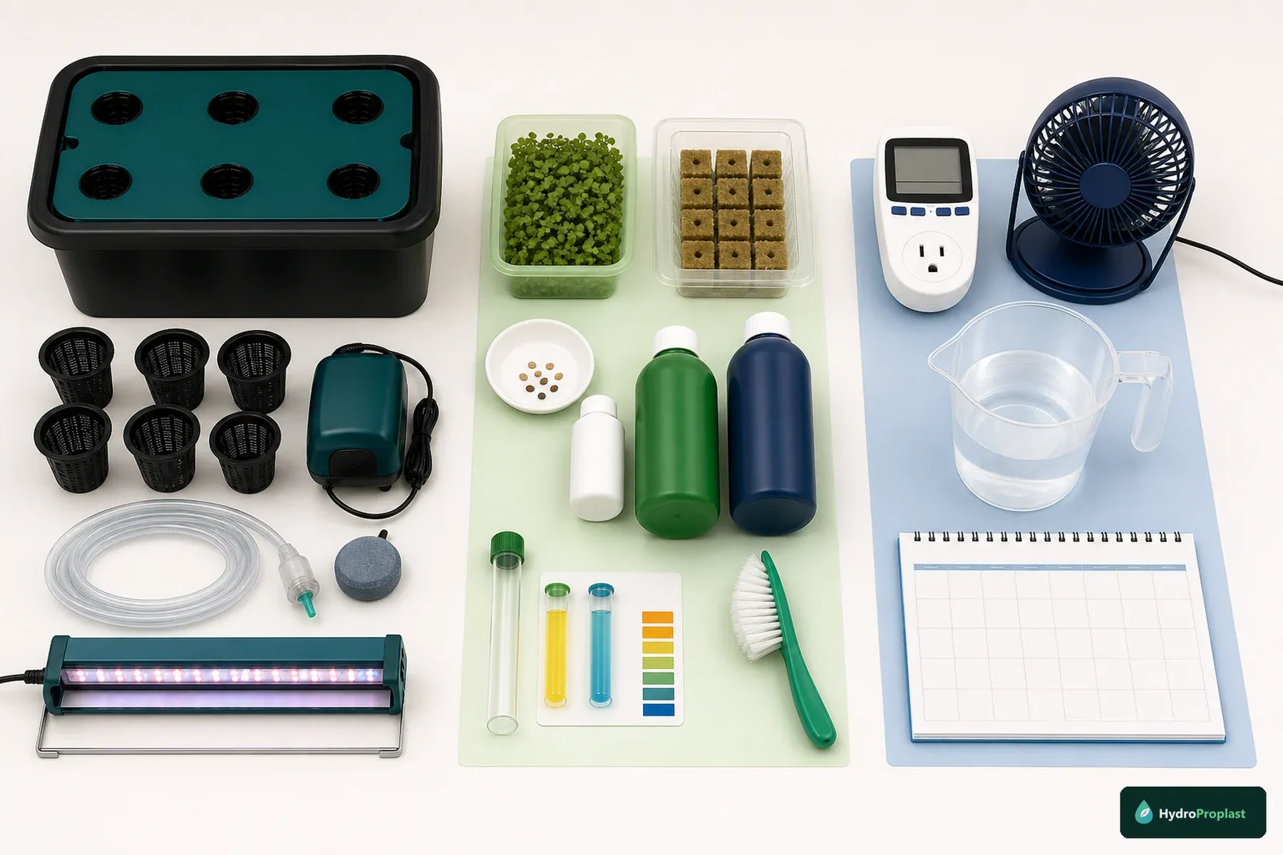 Hydroponic equipment, recurring supplies, and operating-cost tools organized into three visual groups