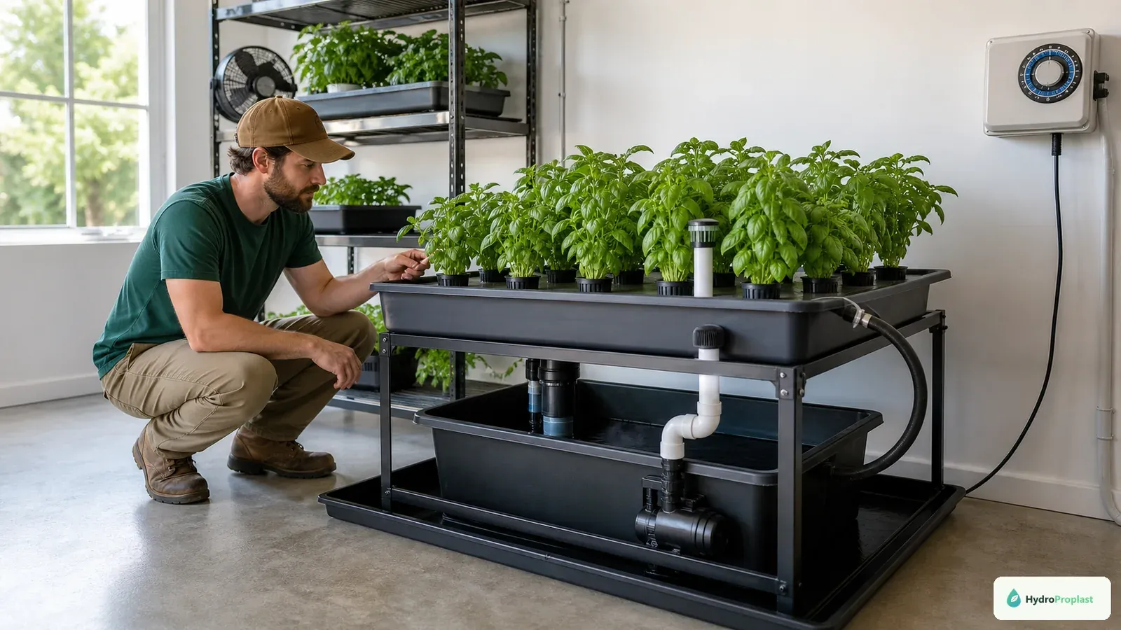 Caretaker checks a recirculating ebb-and-flow hydroponic system prepared for a vacation.