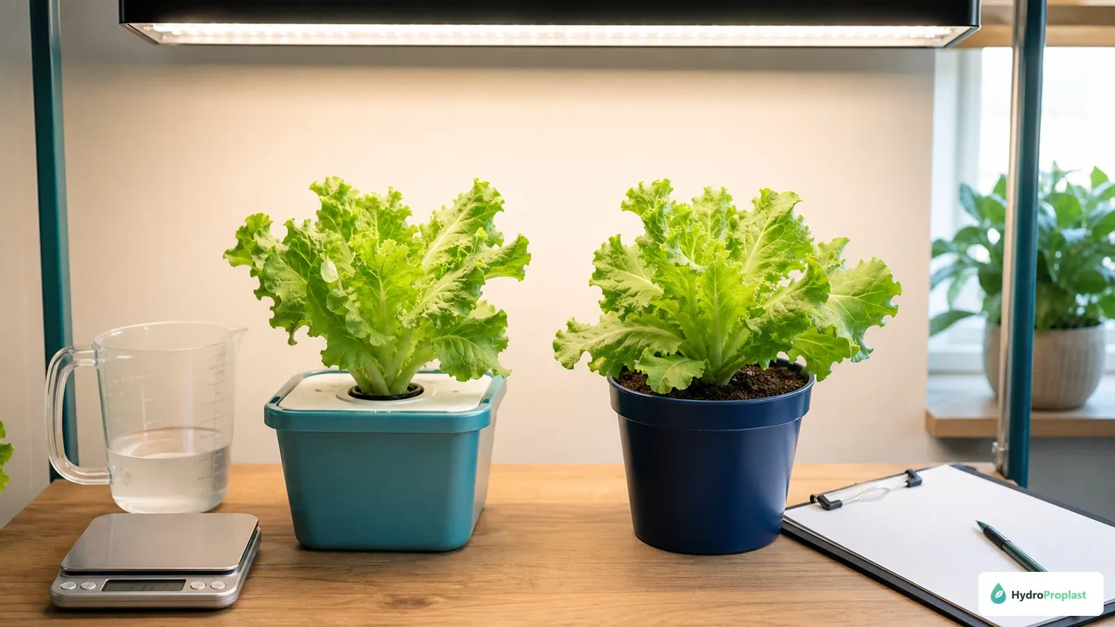 Matched lettuce plants in hydroponic and soil containers arranged for a fair home growing trial