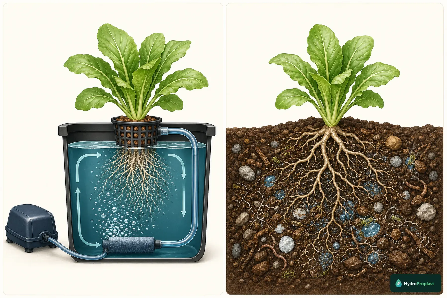 Cutaway comparison of hydroponic roots in aerated nutrient solution and plant roots in structured soil