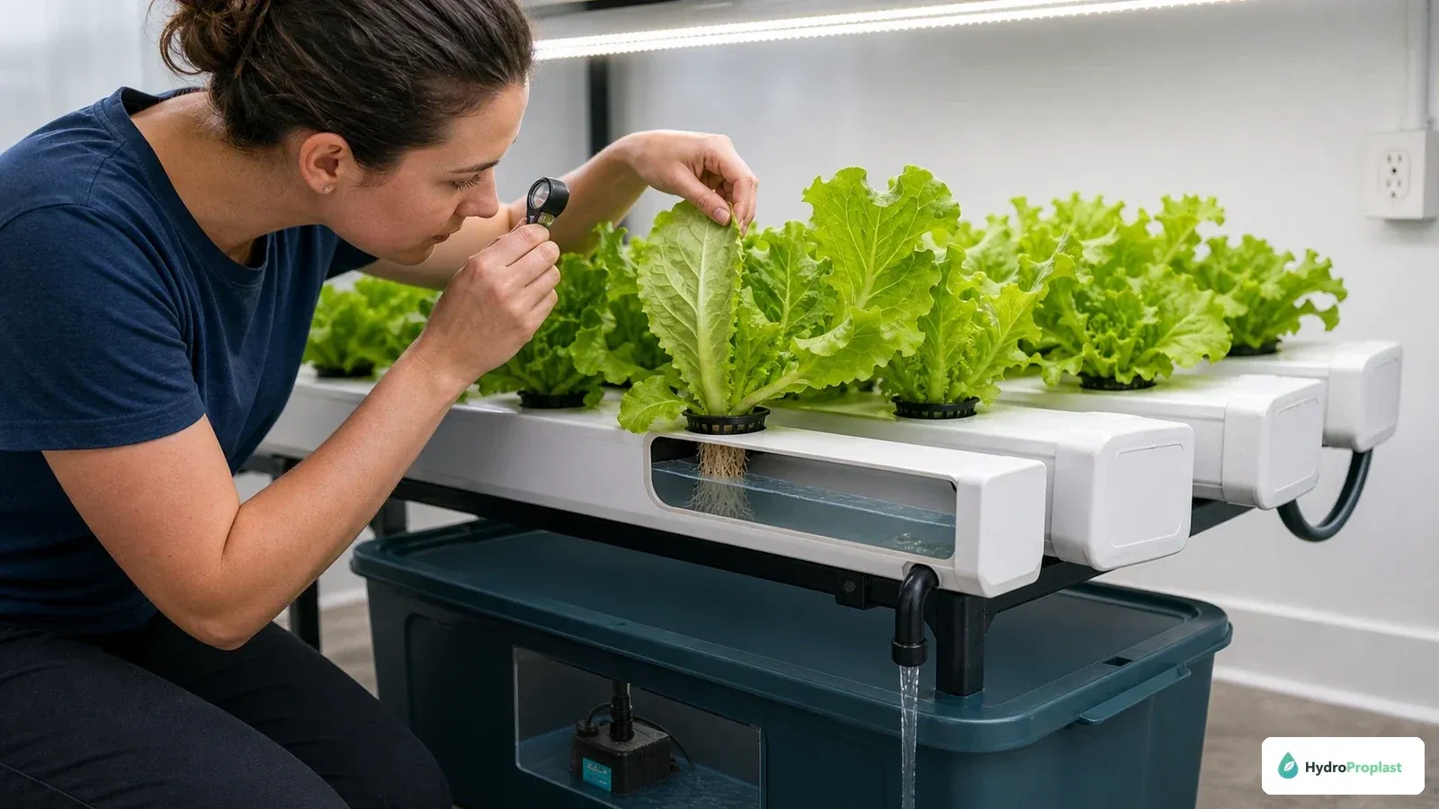 Grower inspecting lettuce leaf undersides in a recirculating NFT hydroponic system