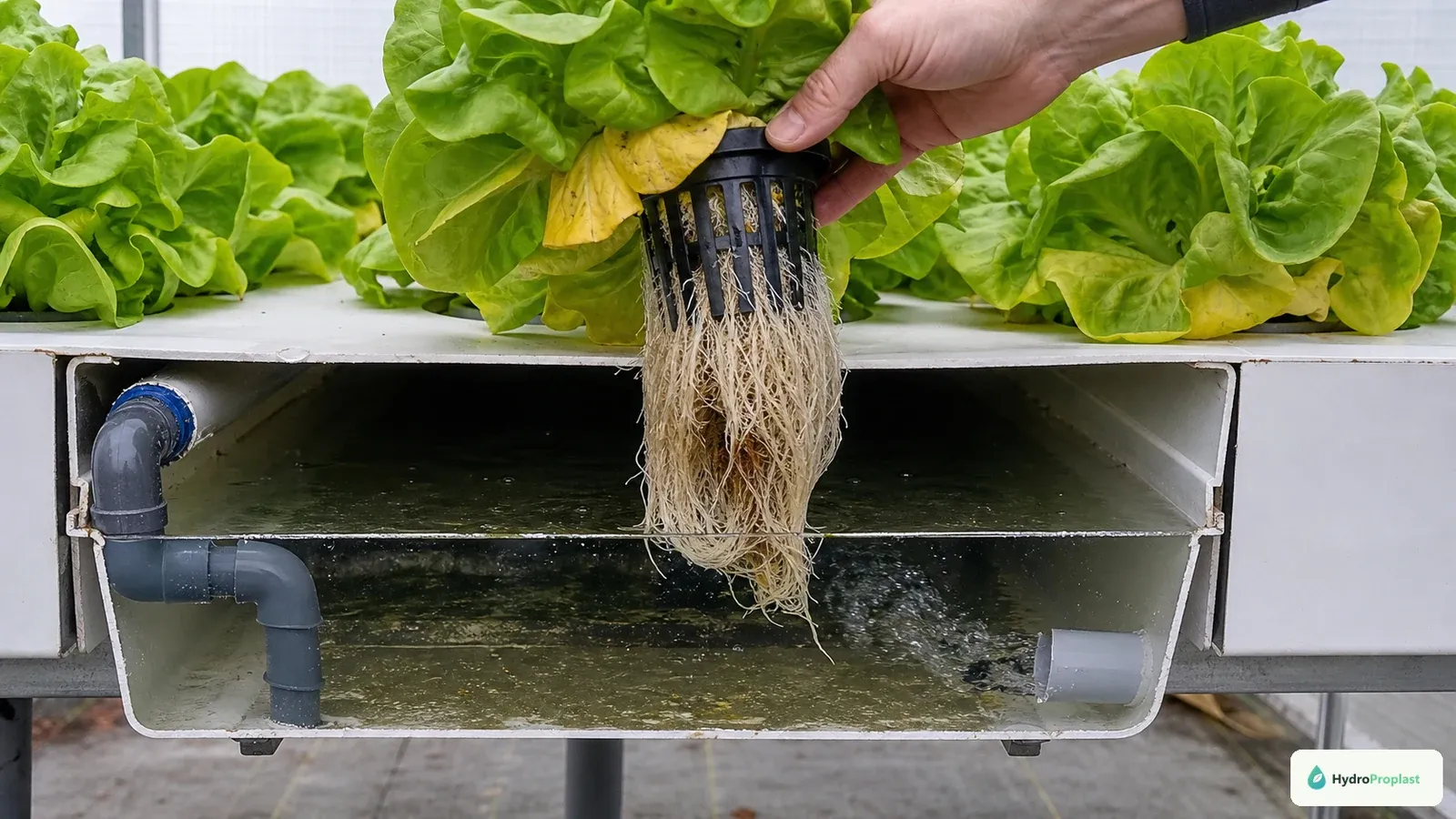 Grower lifts a net pot to inspect roots in a recirculating DFT channel.