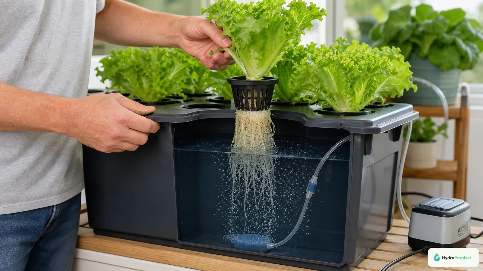 Grower lifts one DWC lettuce net pot to inspect roots while an external air pump continues aerating the reservoir.