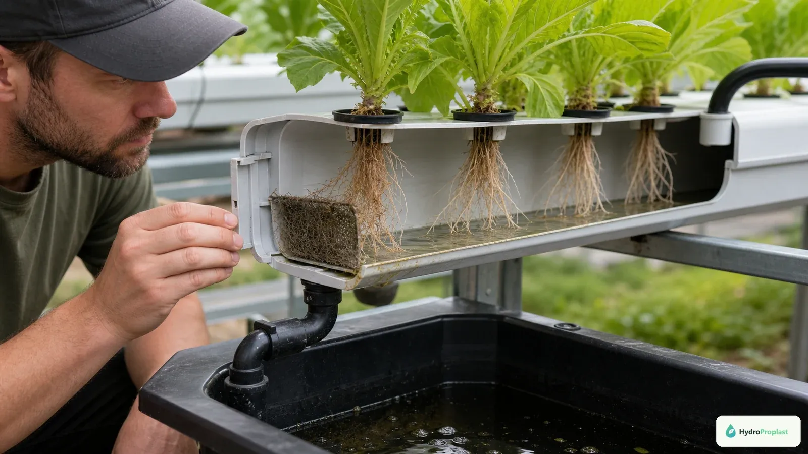 Grower inspects root congestion near the return of a recirculating NFT channel.