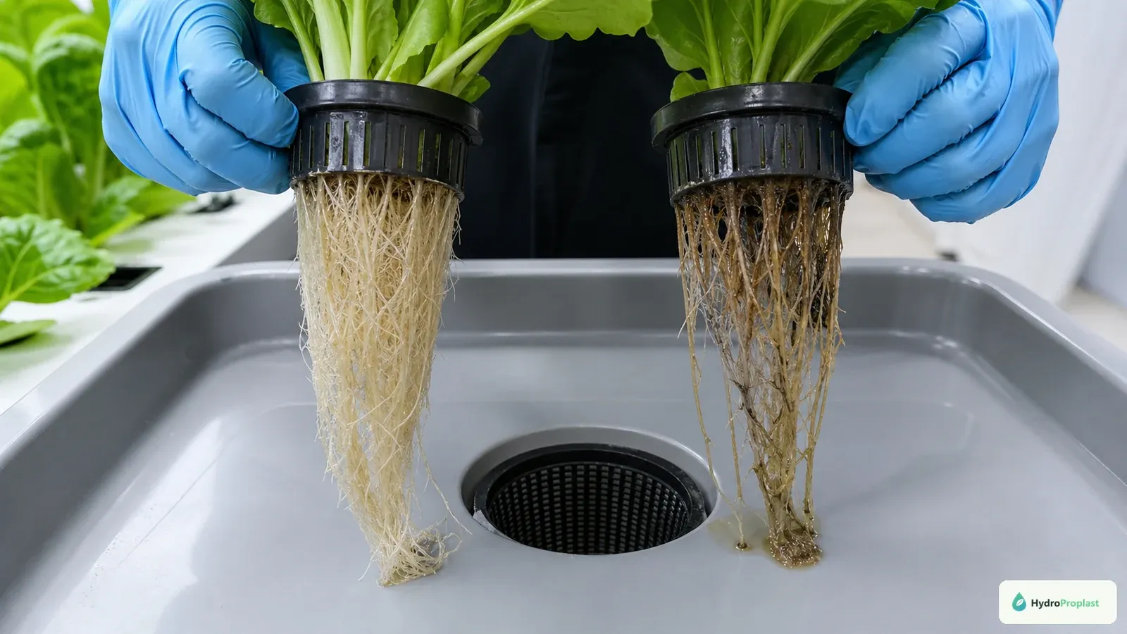 A grower compares healthy white hydroponic roots with early brown root damage over a clean tray.