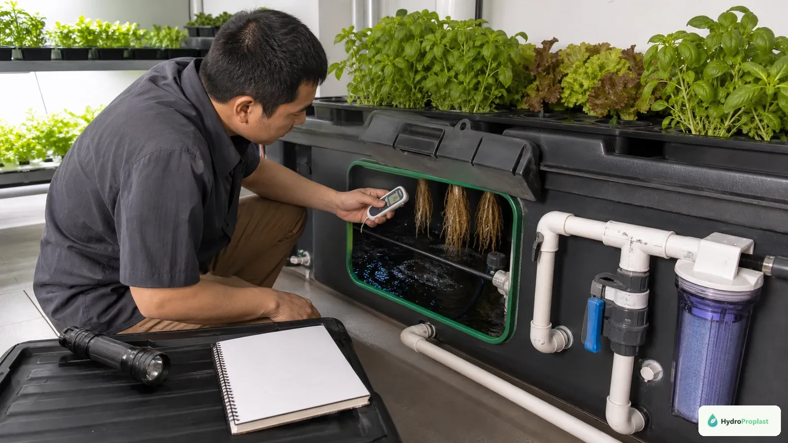 Grower checks reservoir level, roots, temperature, filter, and return flow after a hydroponic power outage.