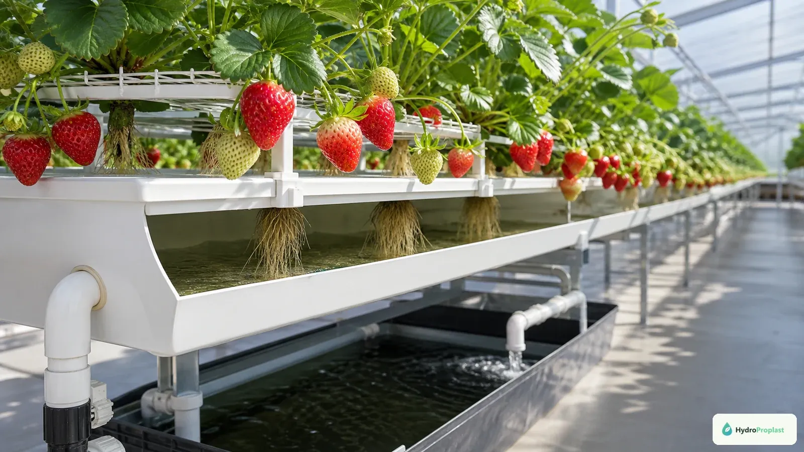 Clean supports hold strawberries above sloped NFT channels while roots contact only a shallow nutrient film.