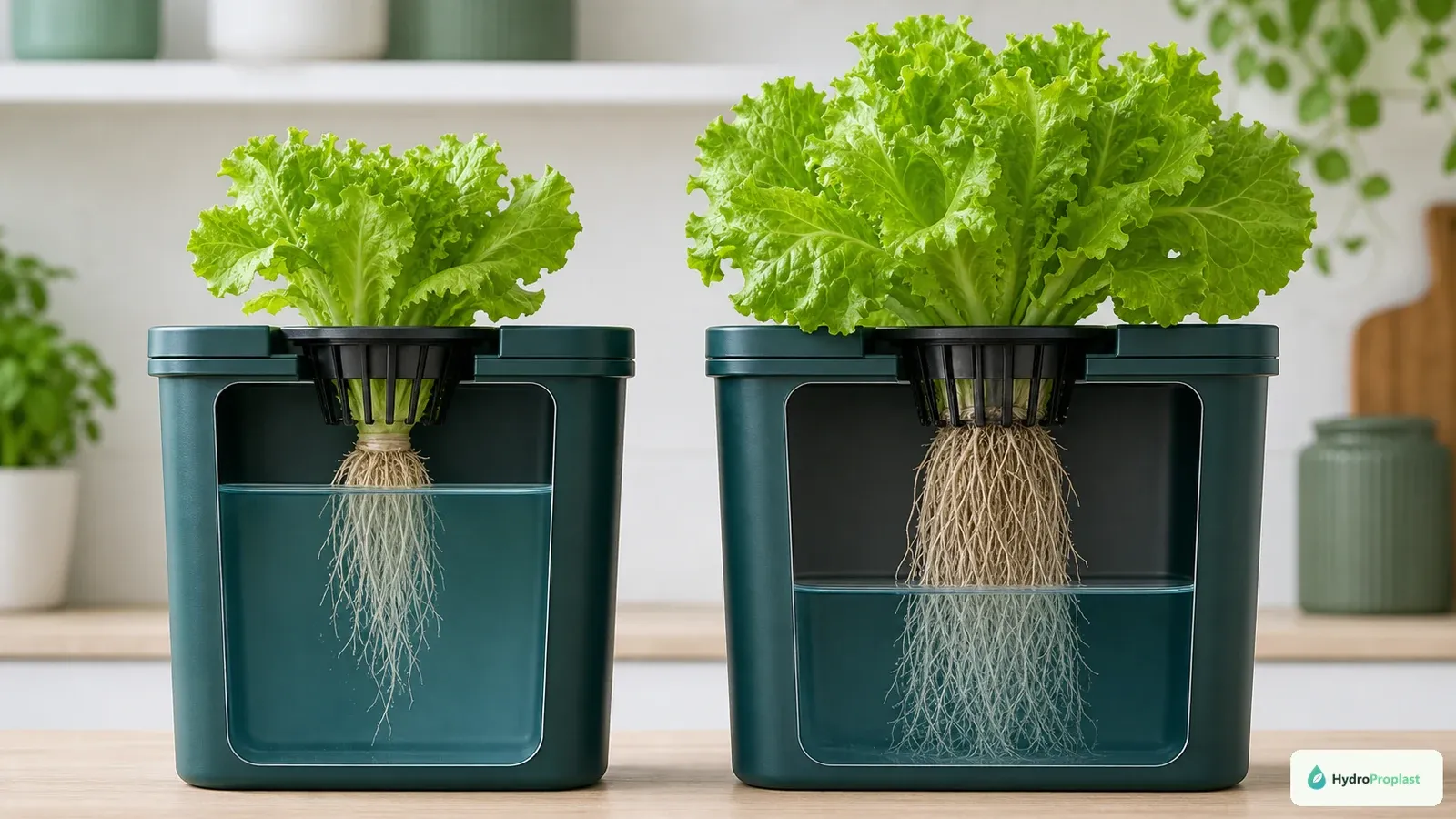 Early and mature Kratky lettuce containers showing the solution level falling as upper air roots and lower water roots develop.
