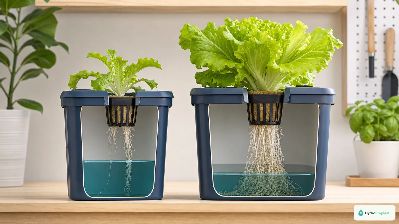 Three stages of the Kratky method showing initial net pot contact, lowering water level with a humid air gap, and mature harvest stage.