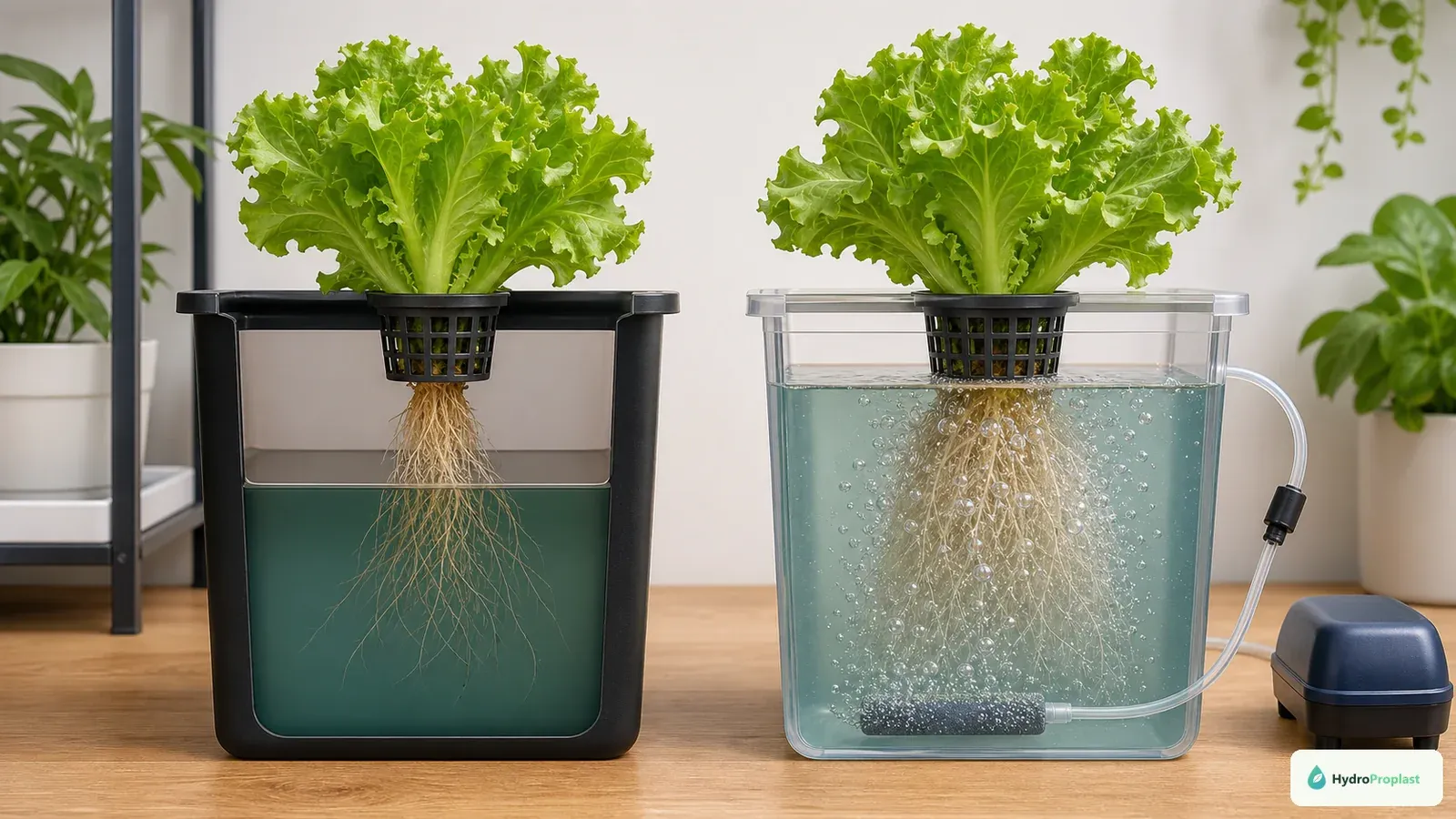 Side-by-side Kratky and DWC lettuce containers showing the Kratky air gap and active DWC aeration.