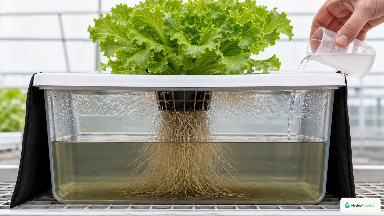 Transparent Kratky demonstration shows lower roots in solution and upper roots preserved in a humid air gap during top-up.