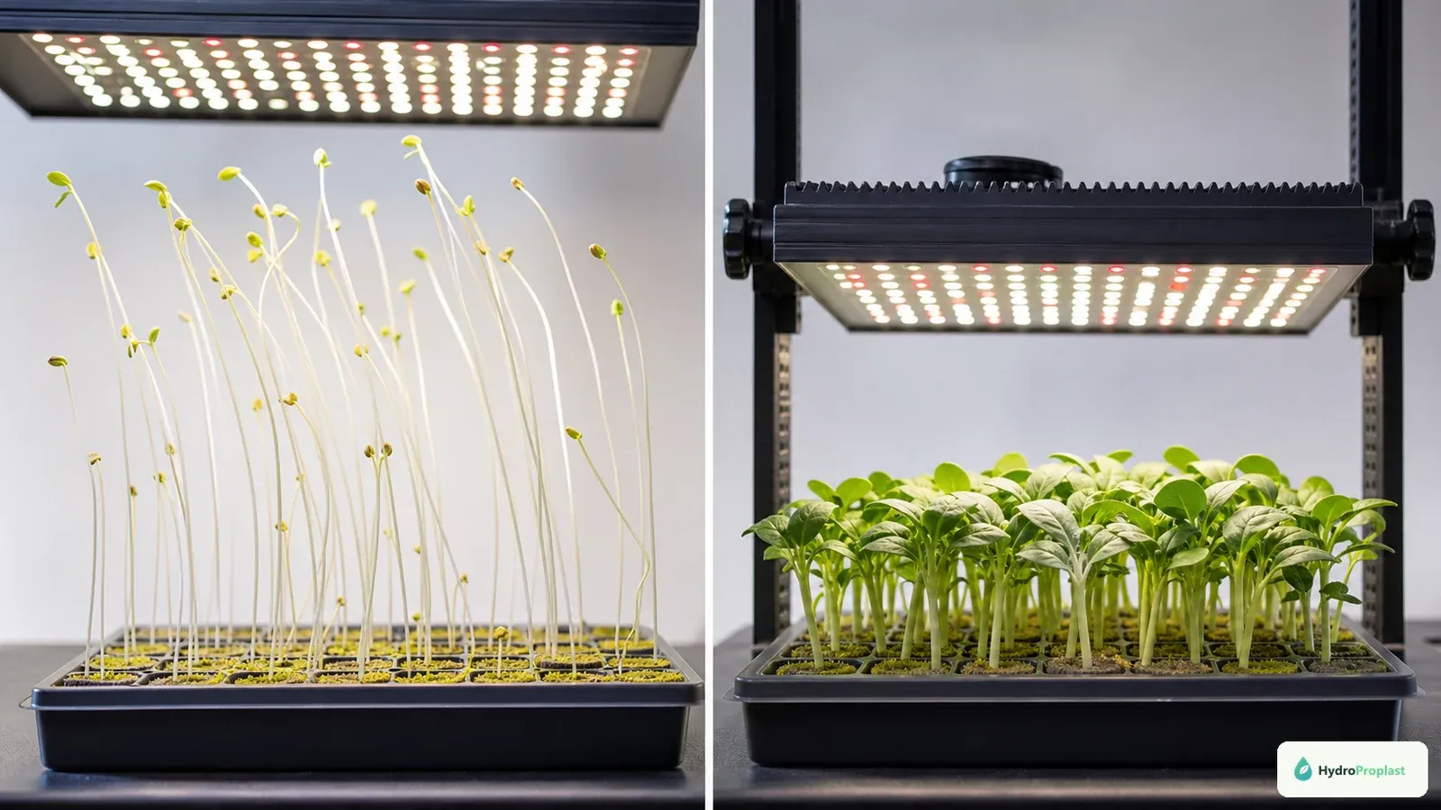 Leggy pale seedlings compared with compact healthy seedlings under properly positioned grow lights.