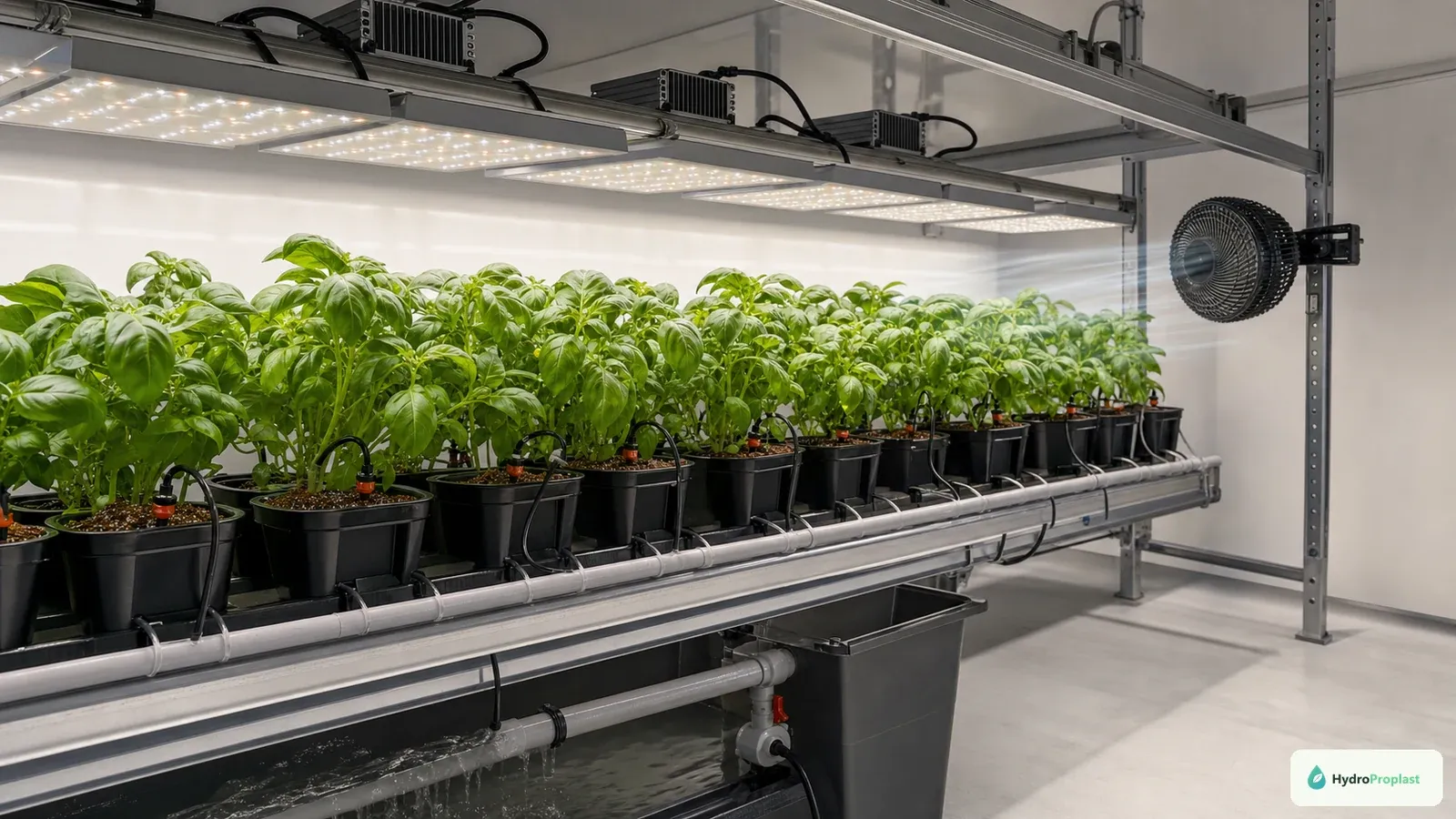 Gentle horizontal fan airflow moving across an indoor hydroponic lettuce canopy under LED grow lights.
