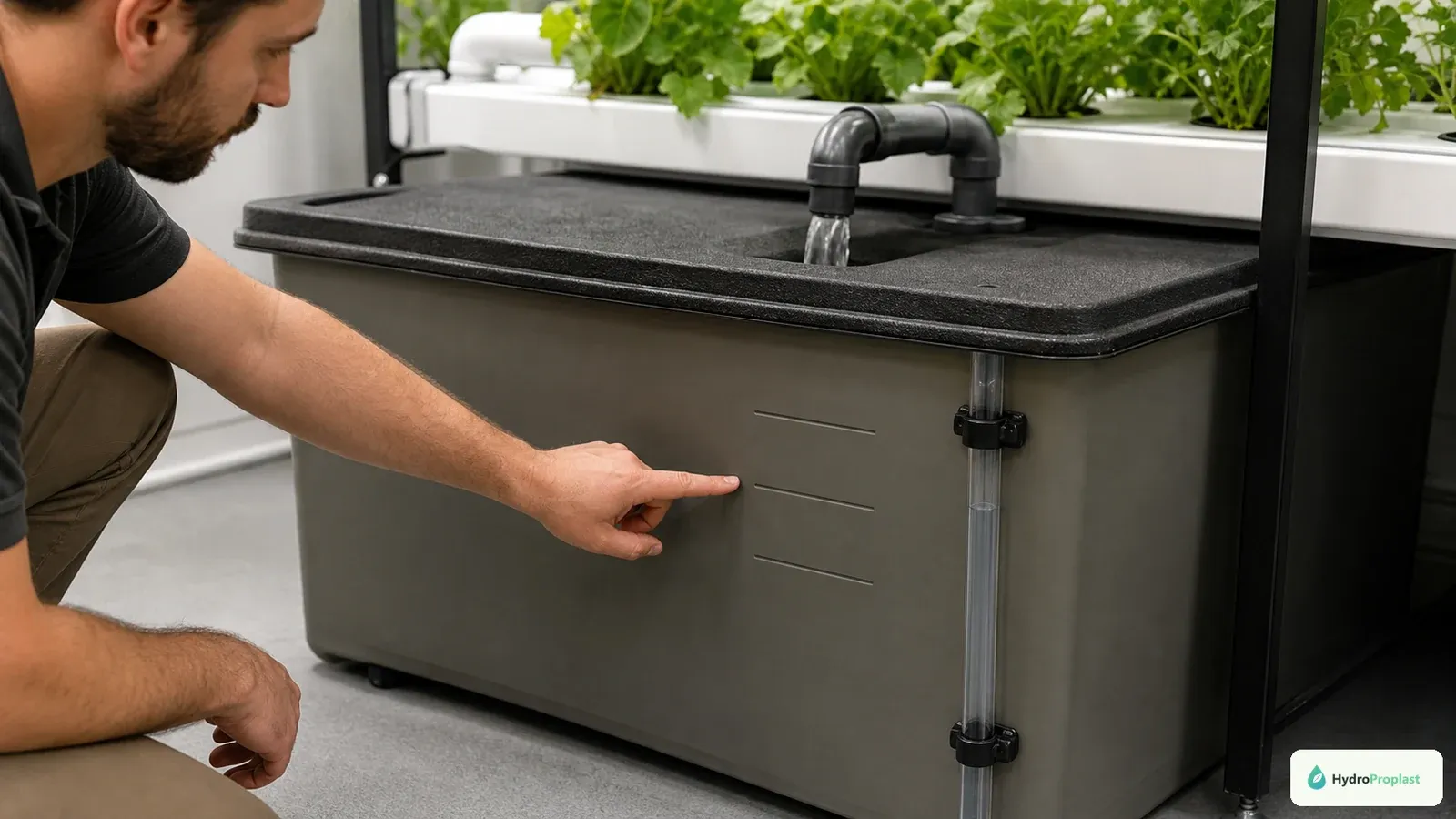 Grower checks three plain working-level marks and the return flow on a covered hydroponic reservoir.