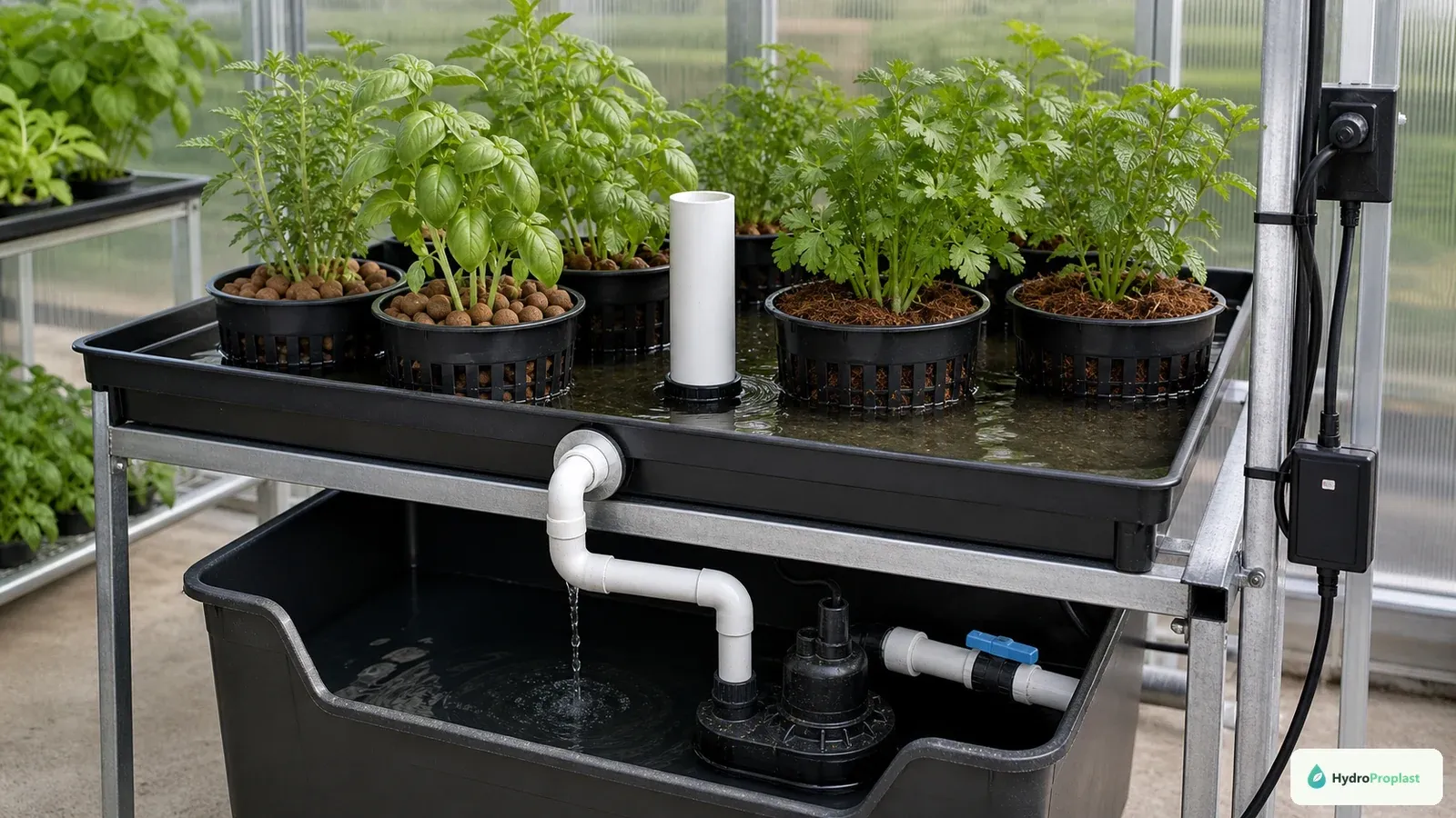 An Ebb and Flow tray demonstrates how grow media hold roots while the flood table fills and drains.