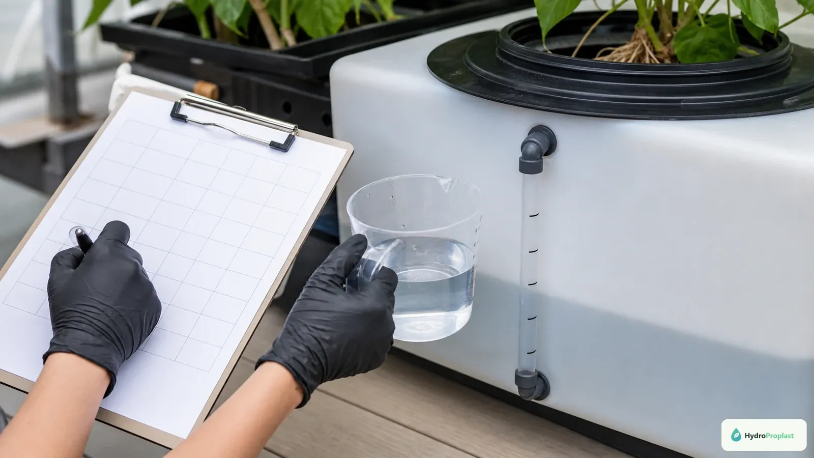Grower measures and records daily water use from an opaque hydroponic reservoir.