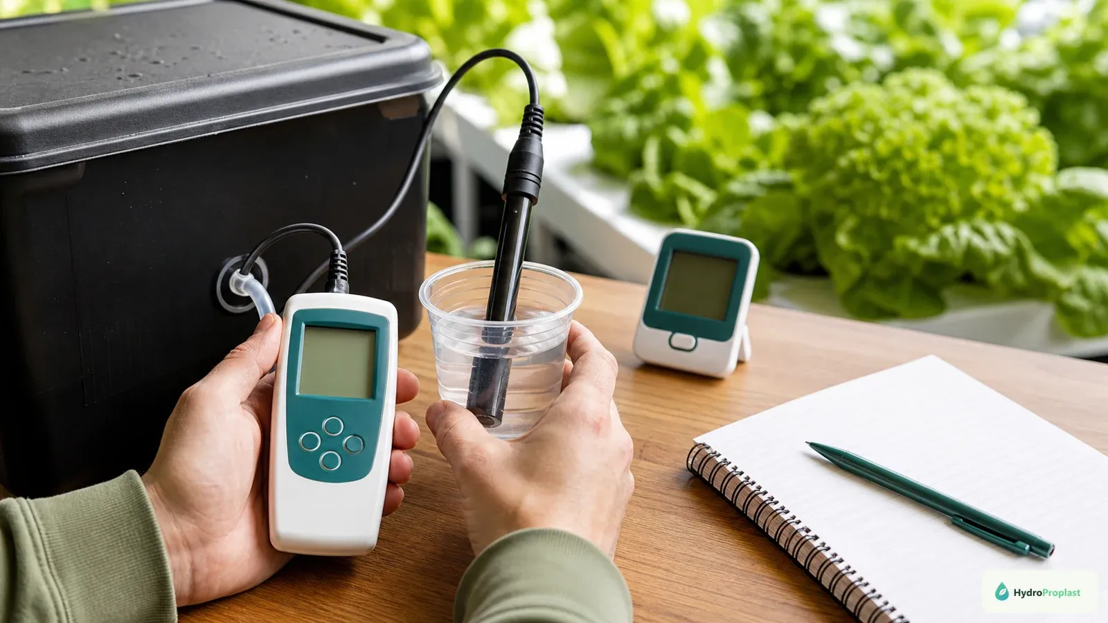 Grower measures dissolved oxygen and temperature in a clean nutrient-solution sample beside a covered reservoir.