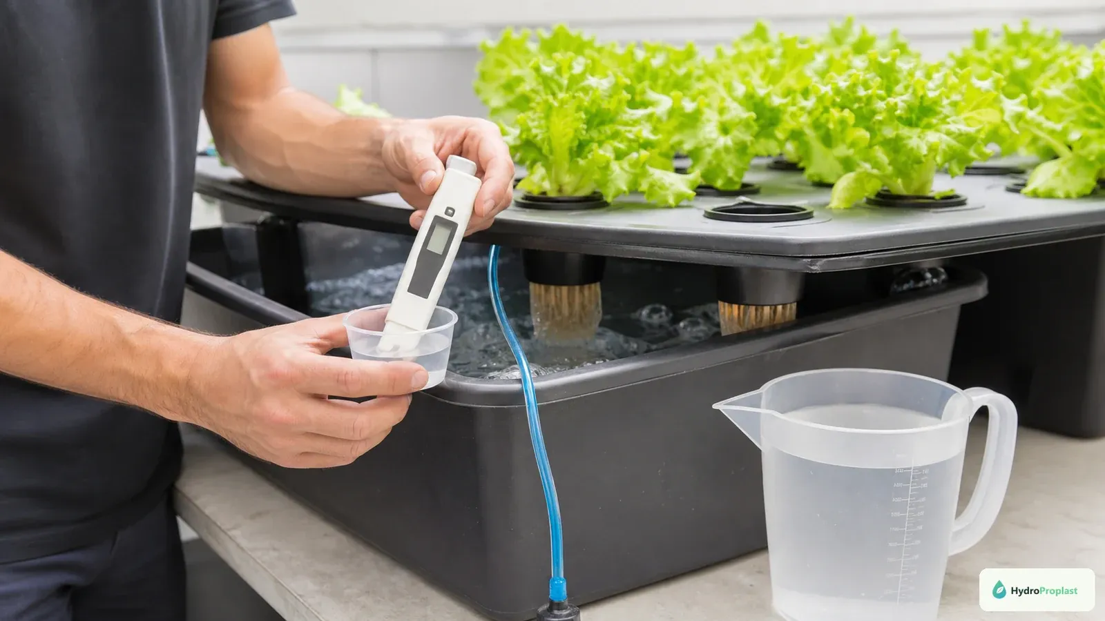 Grower measures a separate DWC reservoir sample before adding a measured jug of top-up water.