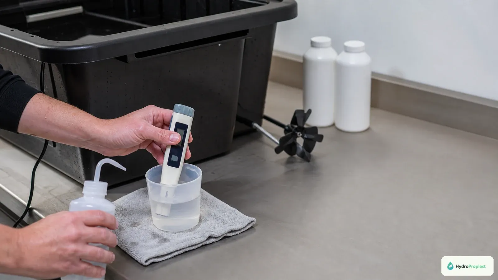 A handheld EC meter tests a separate sample cup after hydroponic nutrients have been mixed.