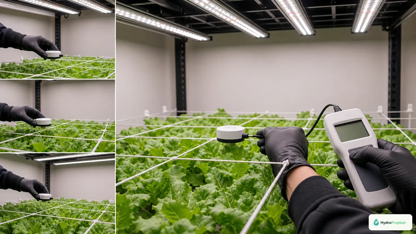A light sensor is moved across a canopy grid to measure LED intensity and uniformity at plant height.