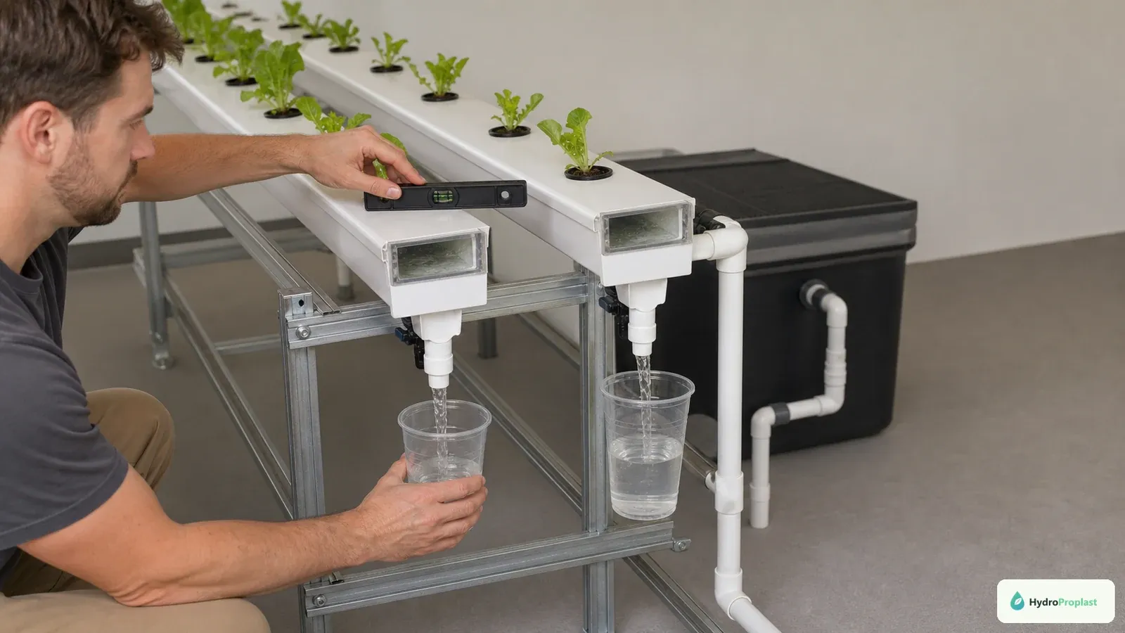 Grower checks NFT channel slope and collects outlet flow while the shallow film remains even along the channel floor.