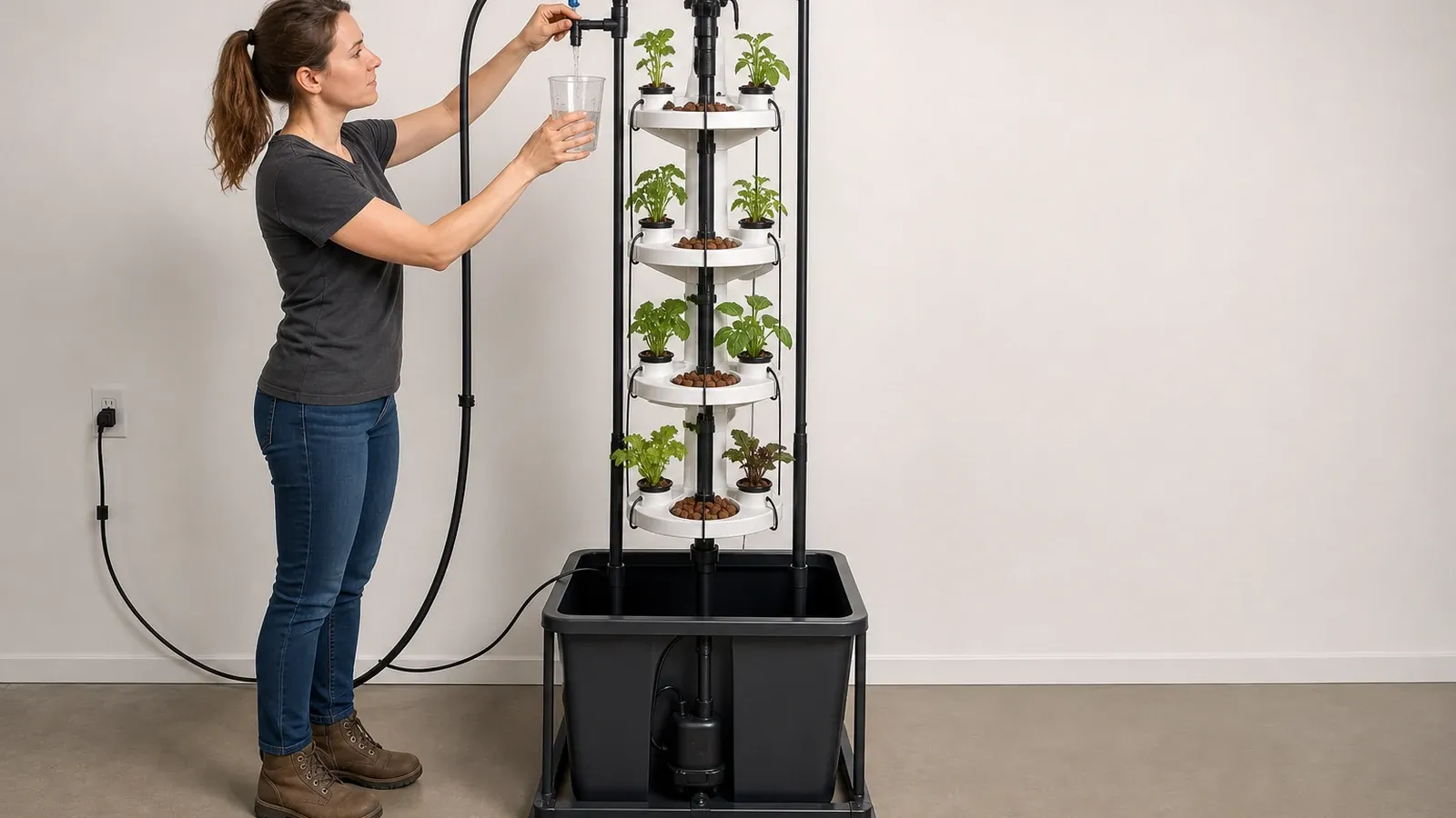 A grower measures top-outlet flow on a recirculating vertical drip tower at its actual pump head.