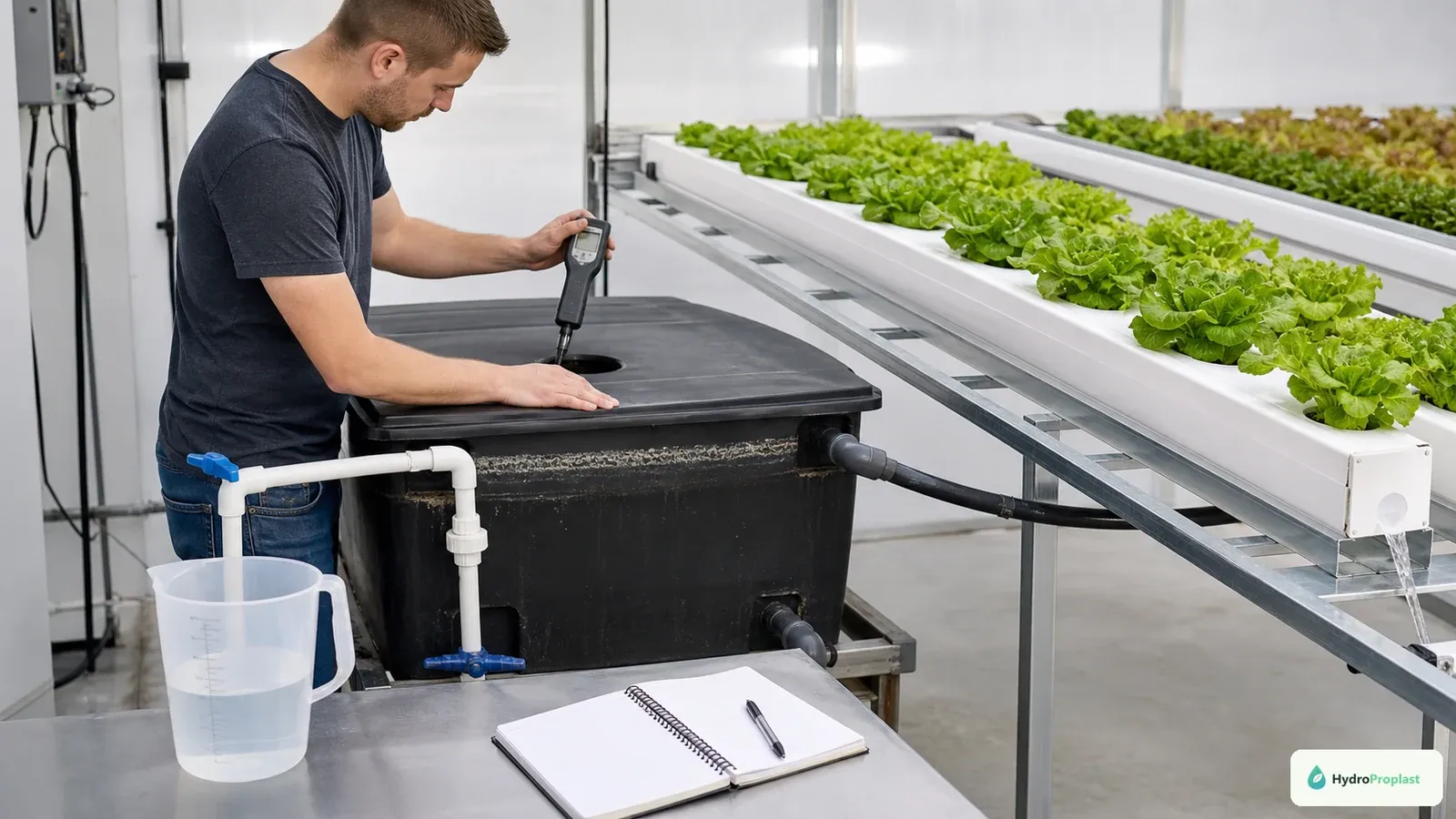 Grower measures EC in the covered reservoir of a recirculating NFT lettuce system.