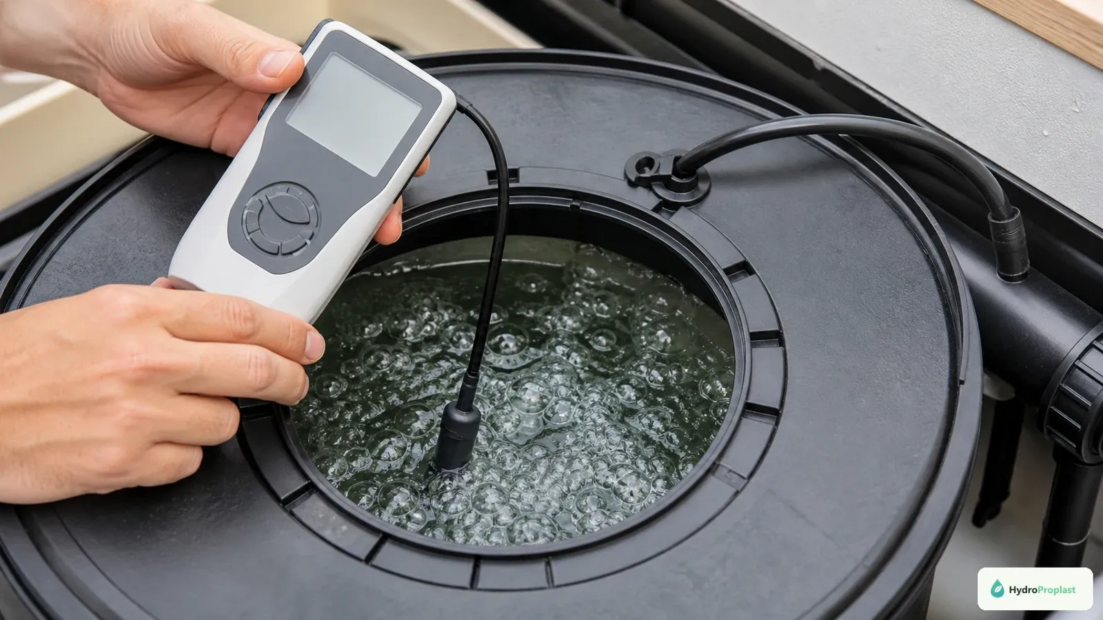 Grower measures nutrient-solution temperature while checking aeration and circulation.