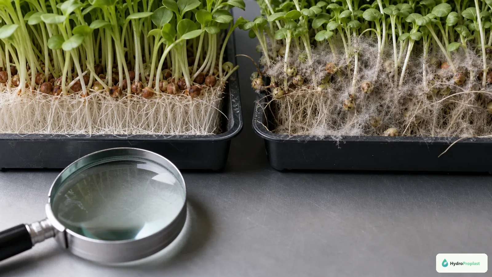 Healthy root hairs around microgreen radicles are compared with web-like mold bridging seeds and the grow mat.