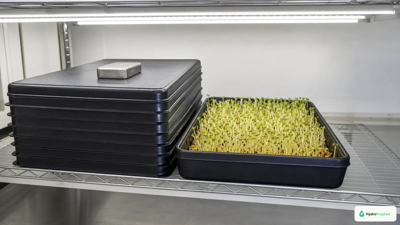 Covered stacked microgreen trays are shown beside newly uncovered seedlings beginning to green under white light.
