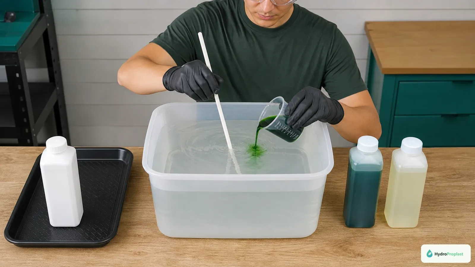 Grower adds one measured hydroponic nutrient component to a full water container while other concentrates remain capped and separate.