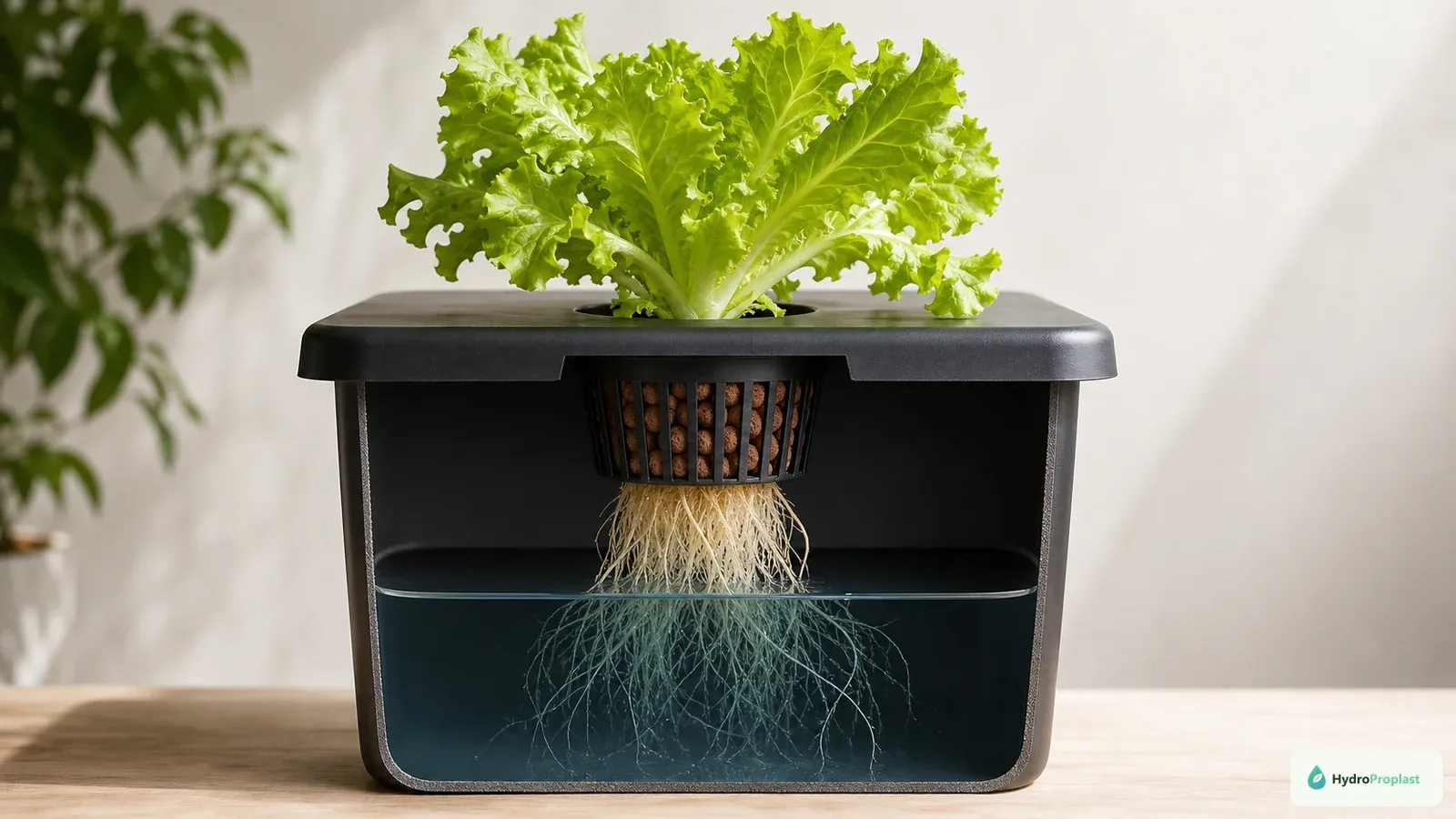 Kratky cutaway shows a slotted net pot, inert medium, humid air gap, and roots reaching nutrient solution.