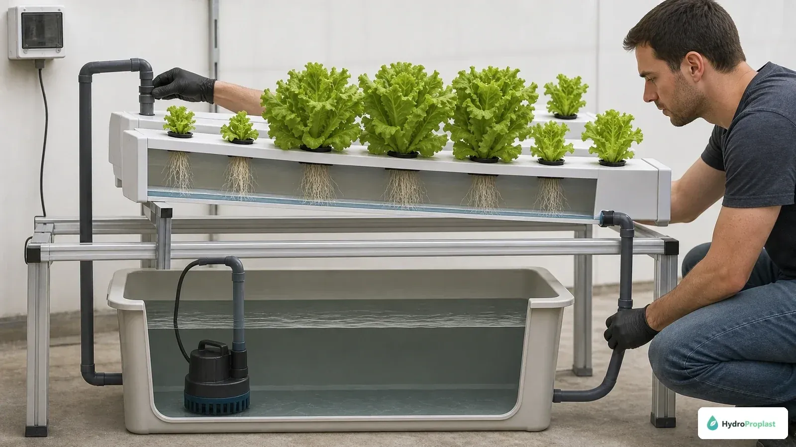 Grower inspects the shallow film, inlet, and return of a recirculating NFT lettuce system.