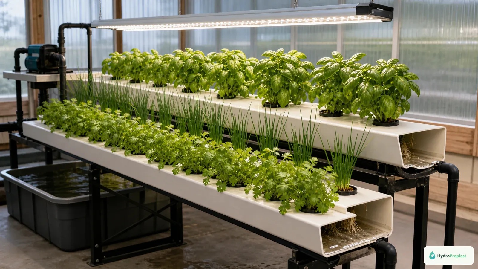Basil, chives, and cilantro are arranged by mature height in sloped NFT channels with a shallow nutrient film.