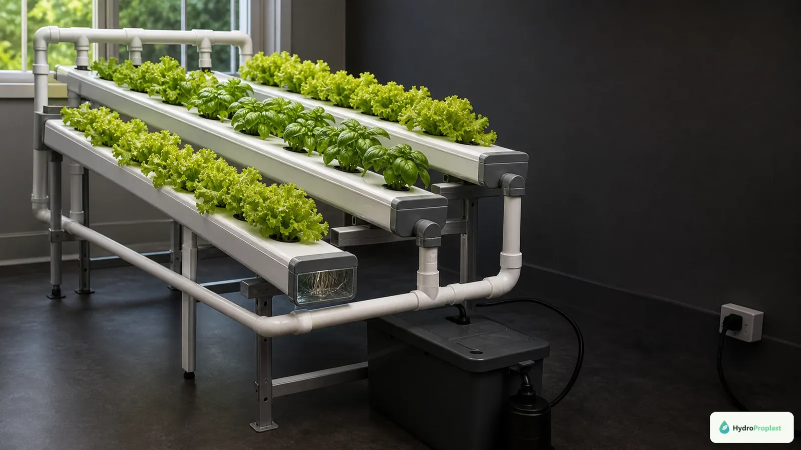 Leafy greens grow in gently sloped NFT channels supplied by a covered reservoir with visible inlet and return plumbing.
