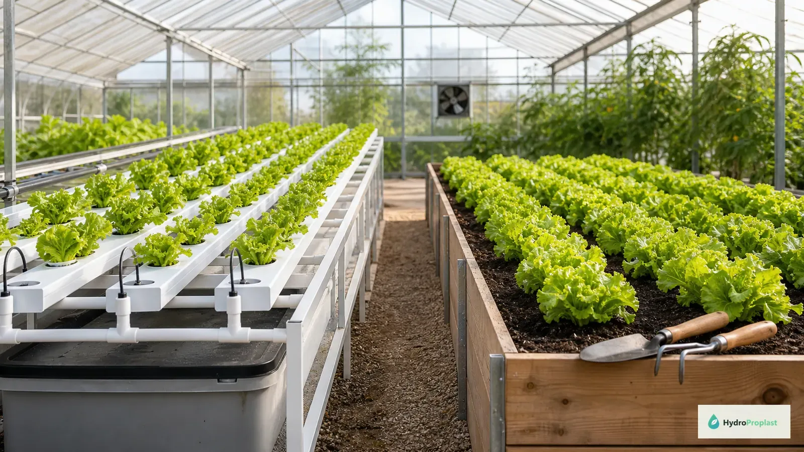 Lettuce growing in recognizable NFT channels beside lettuce growing in a raised soil bed under matching conditions.