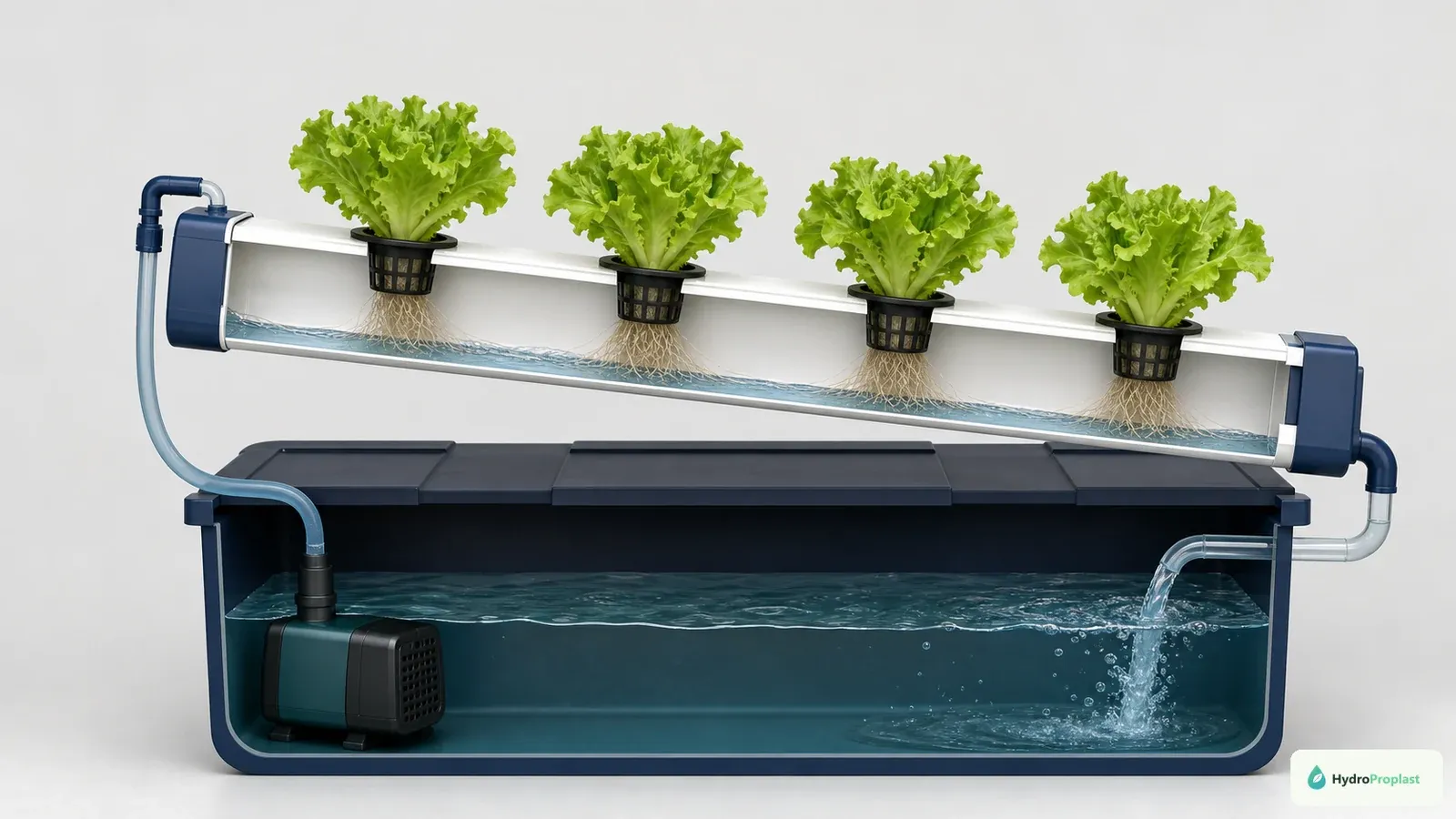 NFT lettuce channel with a shallow nutrient film, air-exposed roots, covered reservoir, pump supply, and gravity return.