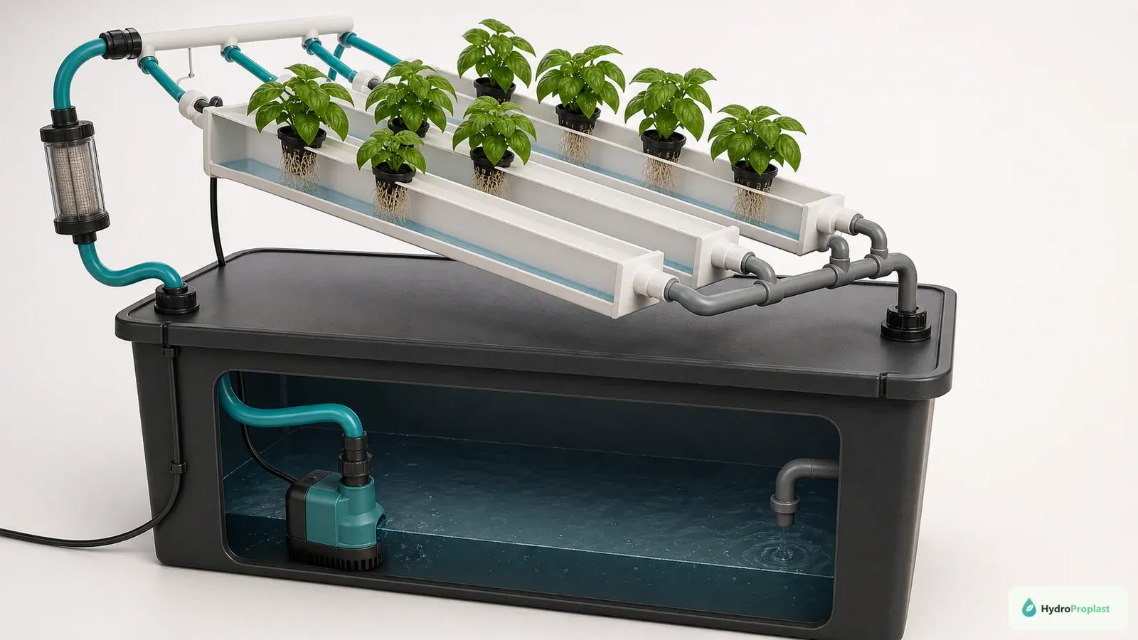 NFT reservoir circuit shows a submersible pump feeding channel inlets and a separate gravity return carrying solution back to the covered tank.