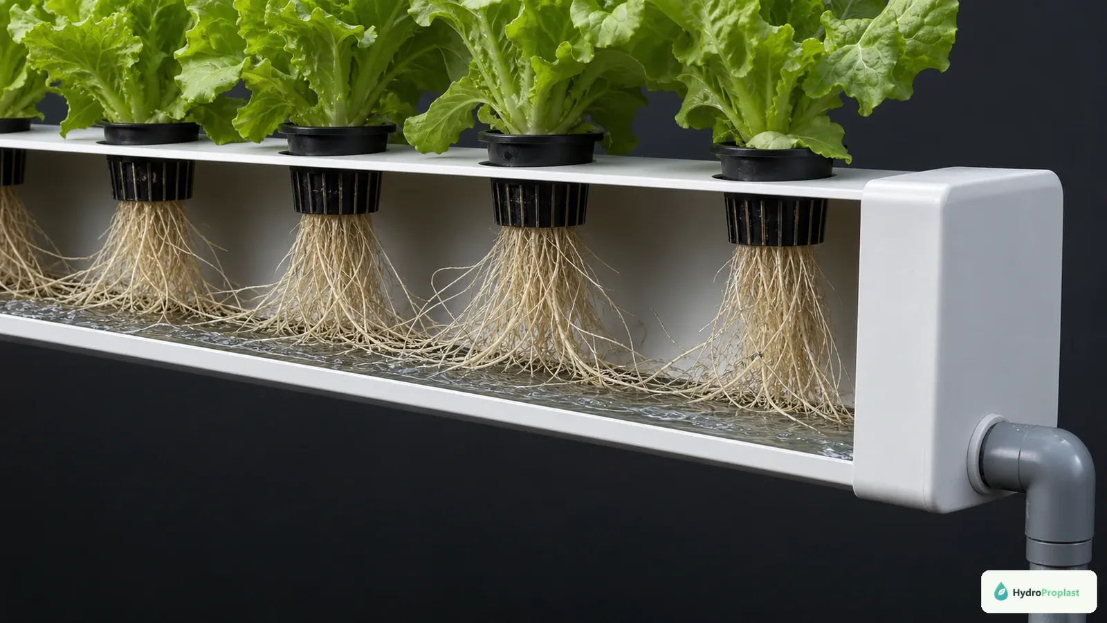 Cutaway NFT channel shows a shallow moving nutrient film touching the lower roots while most roots remain exposed to humid air.