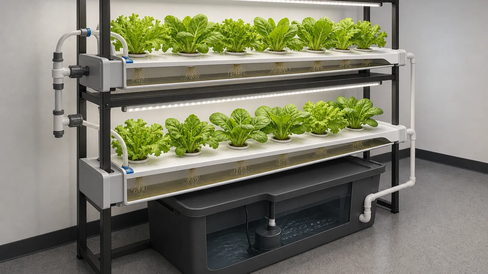 A short tiered NFT rack uses sloped channels, shallow nutrient flow, and dedicated lights in a compact room.