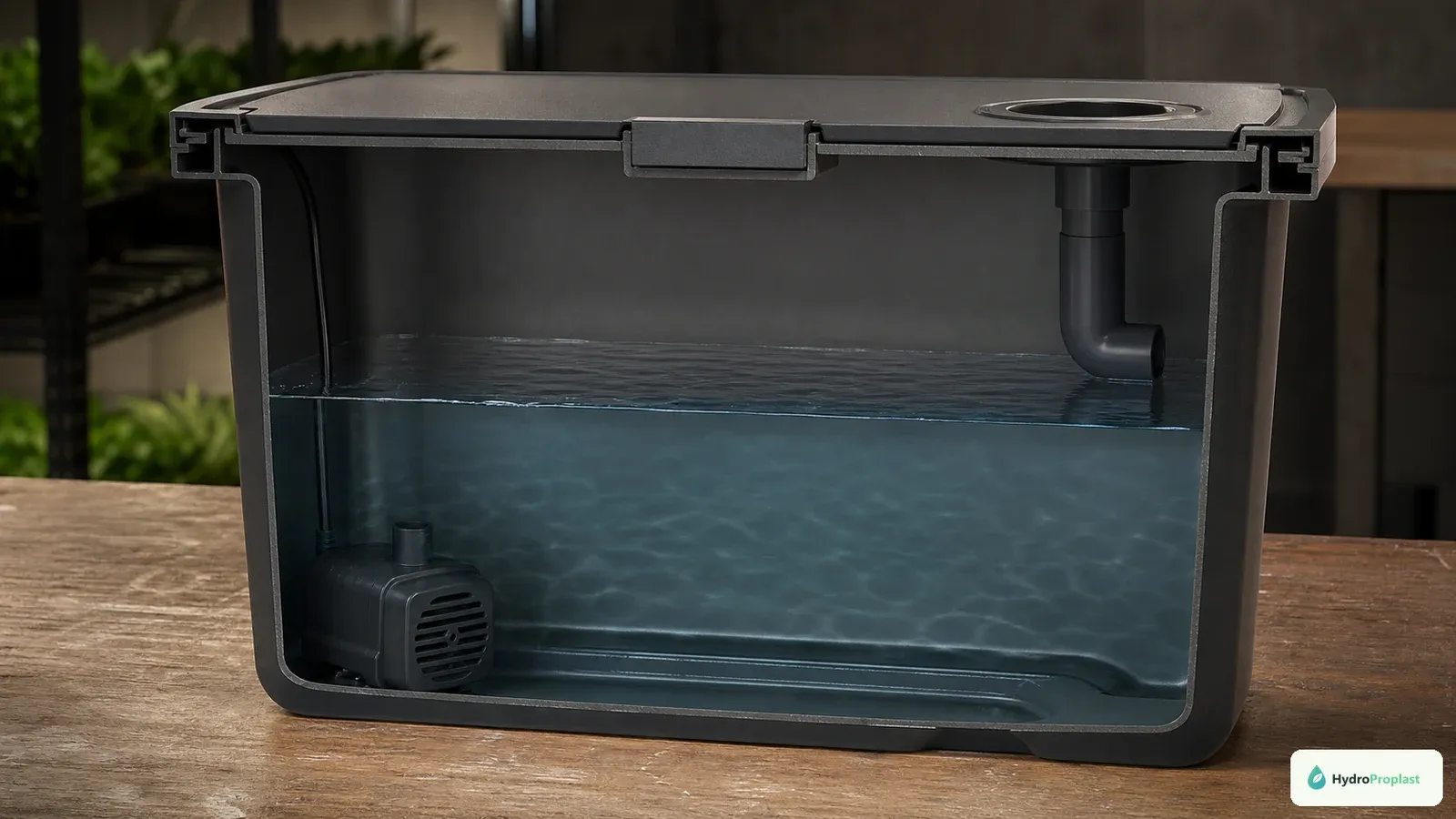 Reservoir cutaway shows safe working water volume, headspace, a submerged pump, and return inlet.