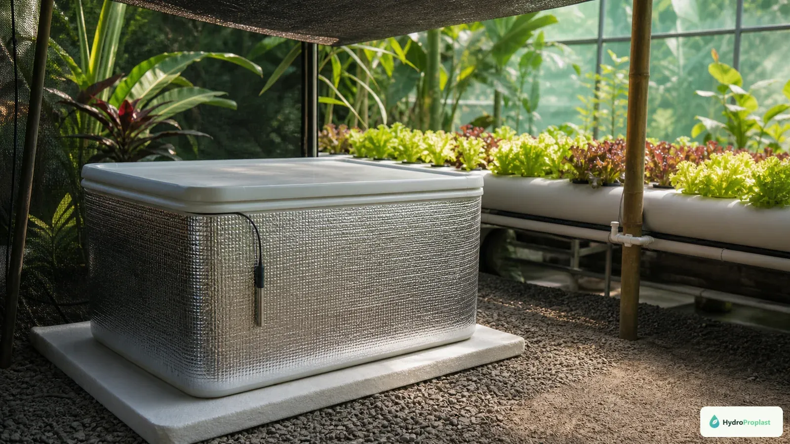 An opaque hydroponic reservoir is shaded, insulated, and raised from the warm greenhouse floor.