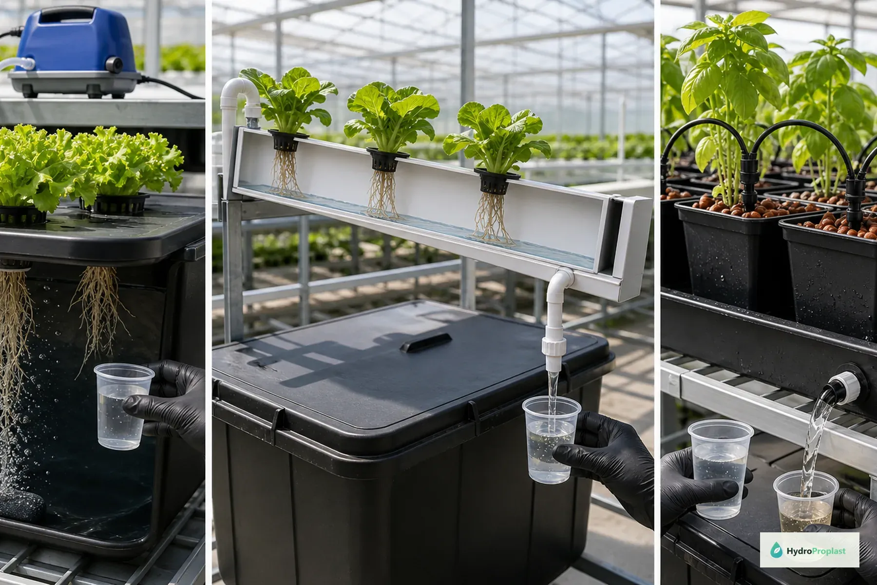 Three hydroponic sampling points: an aerated DWC reservoir, an NFT return line, and drip-system reservoir and runoff cups.