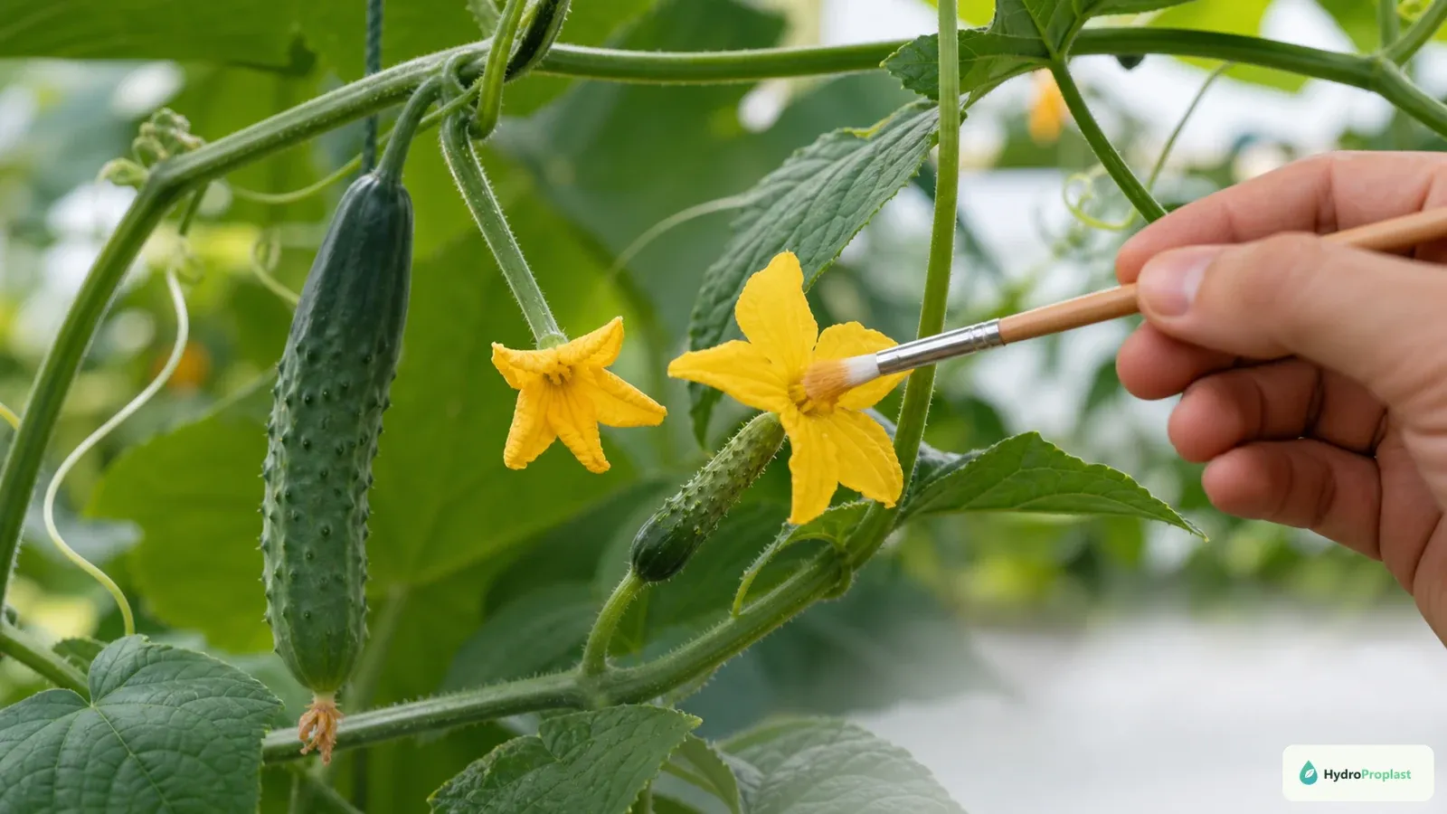 Male and female cucumber flowers are compared while a soft brush transfers pollen to the female flower.