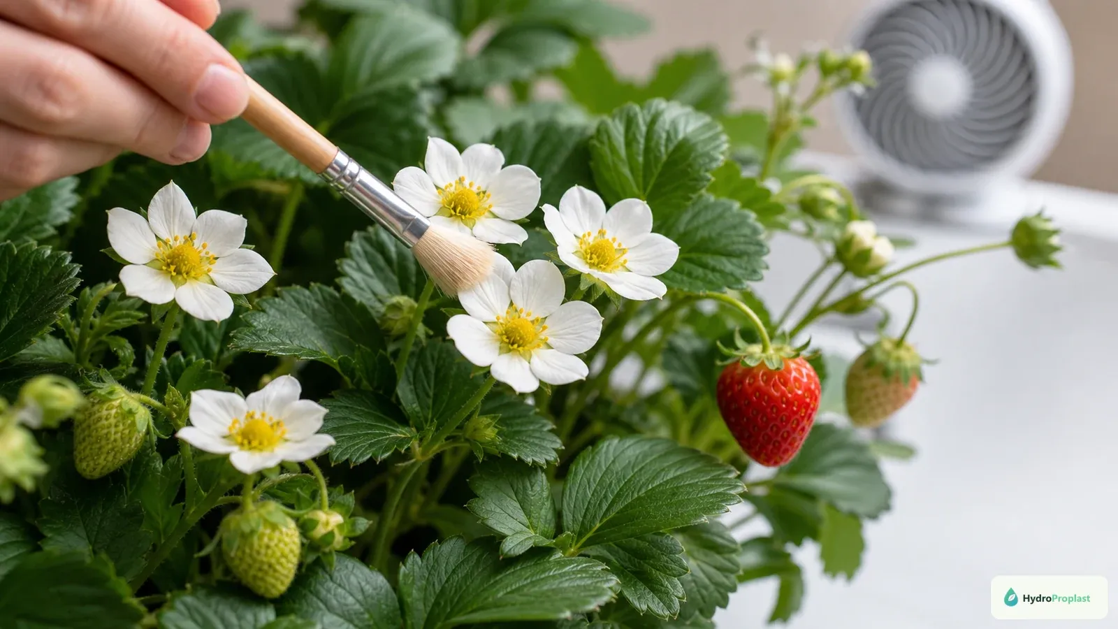 A soft brush distributes pollen across indoor strawberry flowers beside developing green and ripe berries.