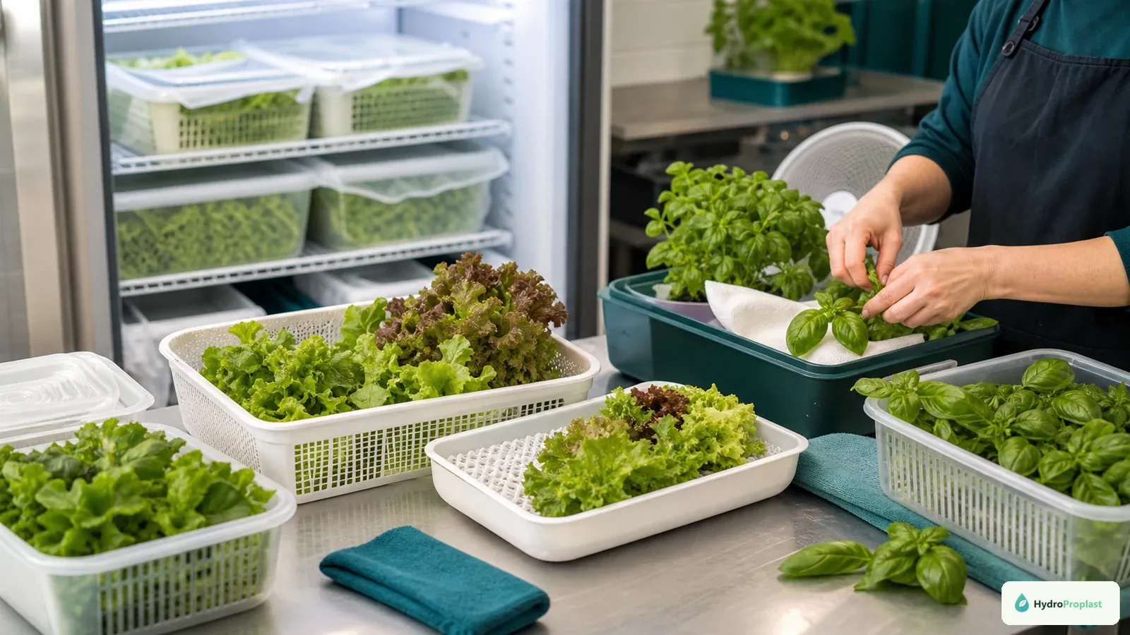 Hydroponic lettuce and tender herbs drained, packed separately, and staged for appropriate cold or protected storage.