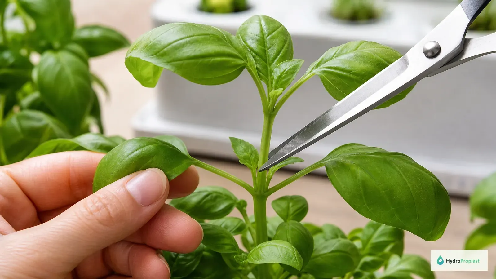 Basil stem being pruned just above a leaf node to encourage two side shoots.