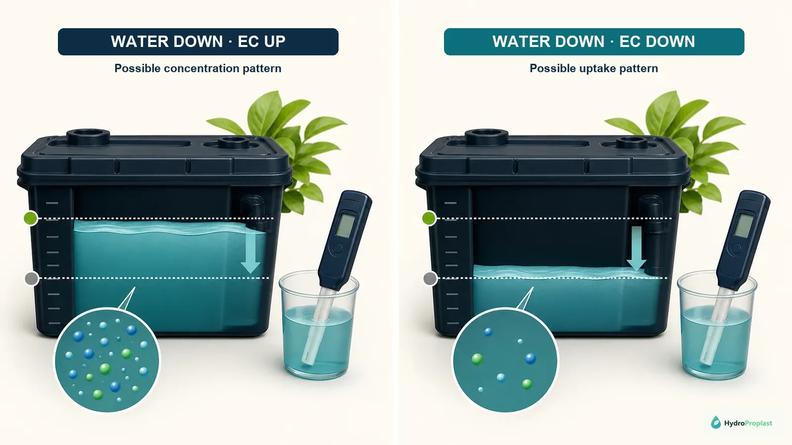 Two possible EC trends as reservoir water falls: EC may rise from concentration or fall when ion uptake is stronger.