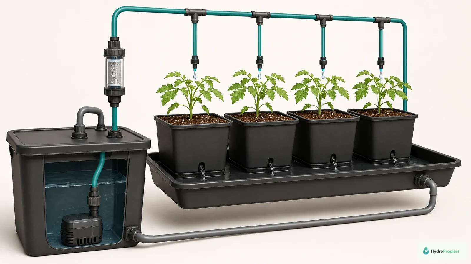 Recirculating drip hydroponic system showing a covered reservoir, water pump, filter, mainline, pot emitters, drain tray, and return pipe.